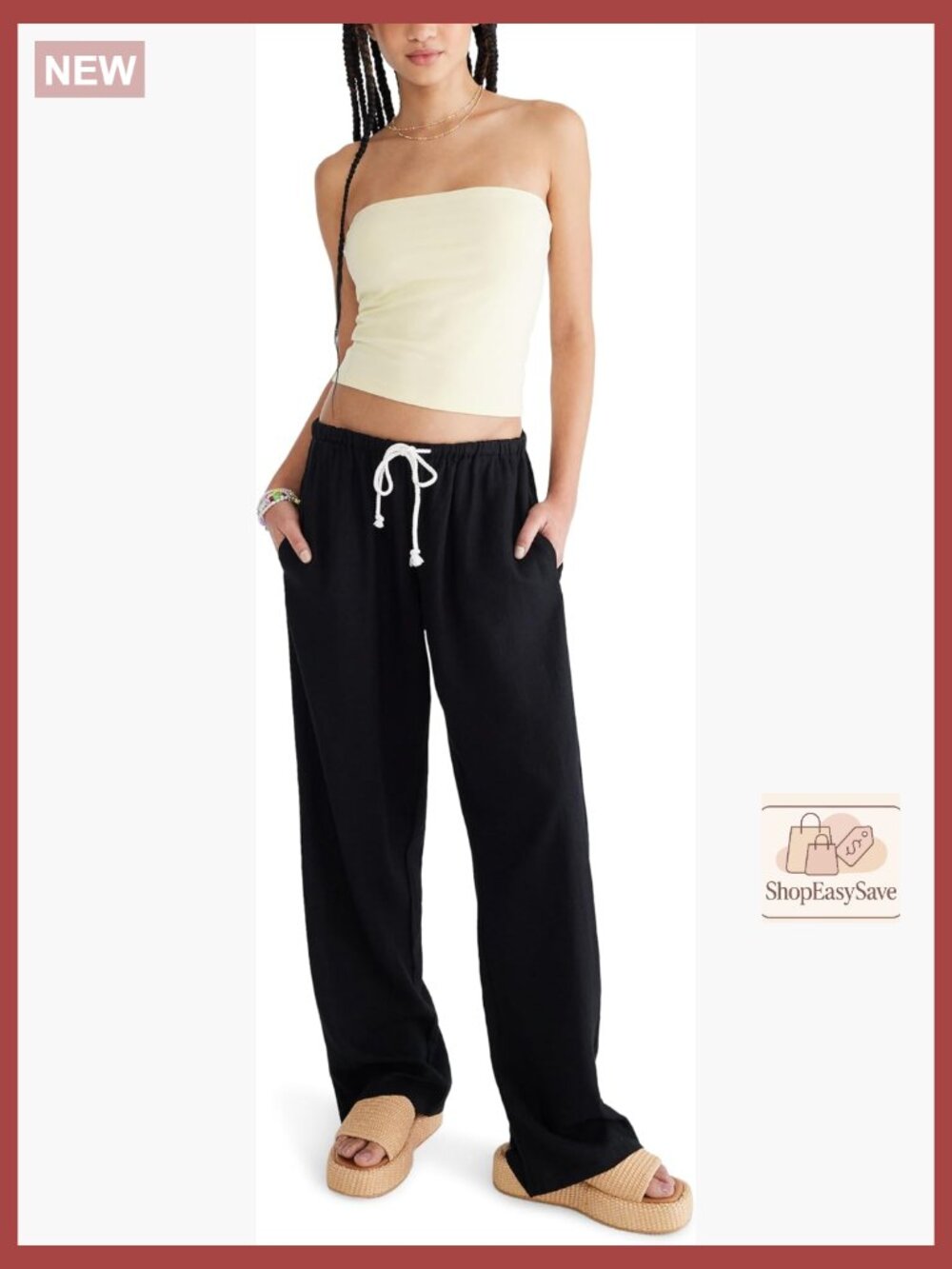 Easy Linen Pant Relaxed Fit Pull-On Mid-Rise Straight Leg Cotton Blend